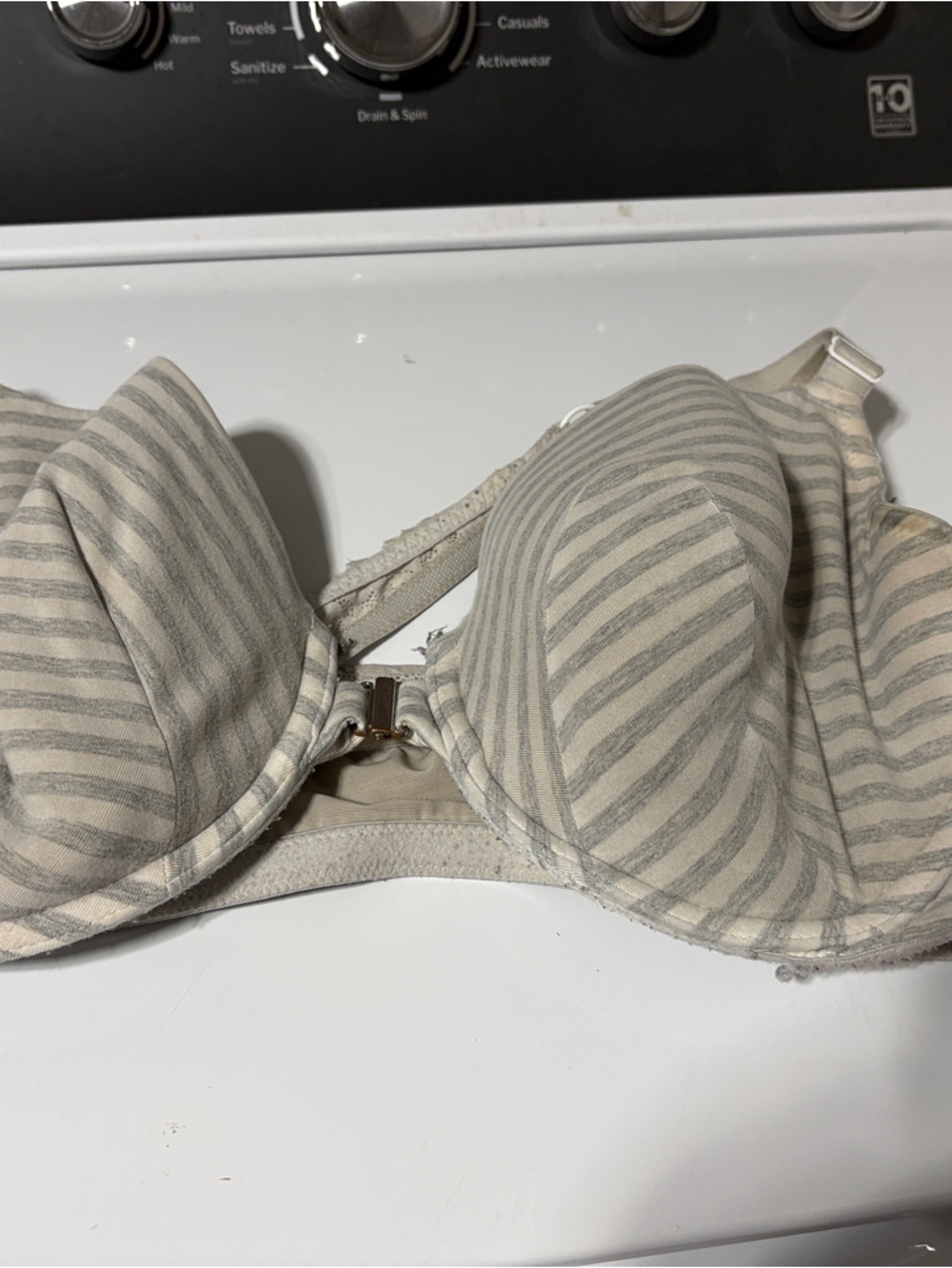 Cacique Cream and Light Gray Striped Front-Closure Bra